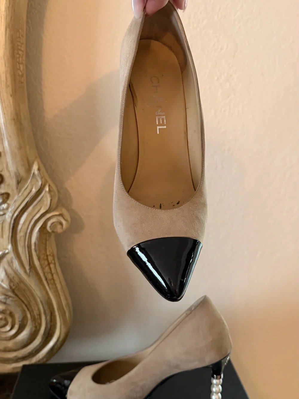 CHANEL Beige Suede Pumps with Black Patent Cap Toe and Pearl-Stack Heels